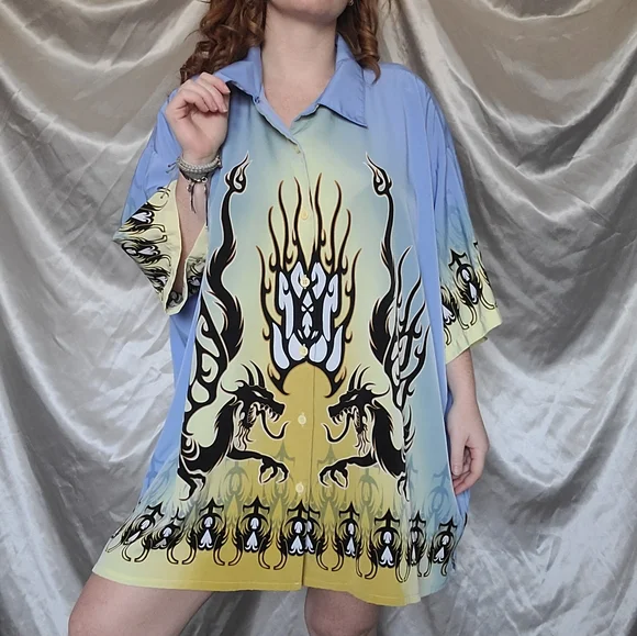 NWOT y2k Dragon Fire & Flames Hawaiian Shirt - Picture 3 of 11